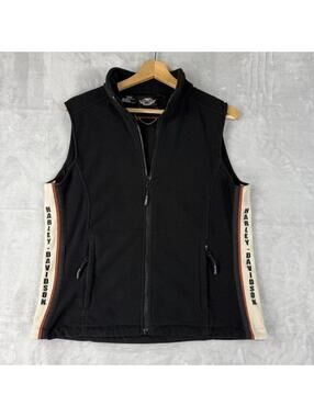 Y2K Harley Davidson Fleece Vest Black Zip Up Logo Side Panels Size L Grunge Bike